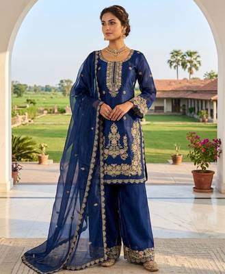 Royal blue silk blend embroidered farshi salwar set 2