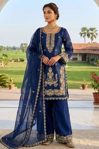 Royal blue silk blend embroidered farshi salwar set