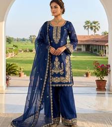 Royal blue silk blend embroidered farshi salwar set