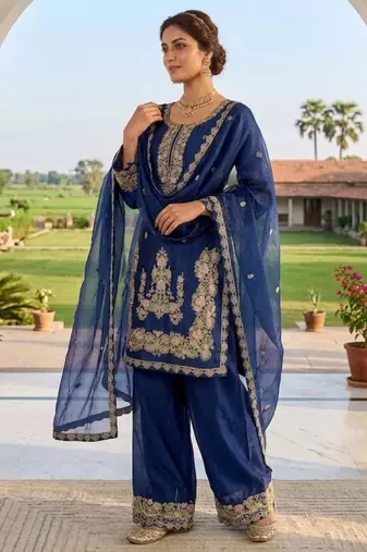 Royal blue silk blend embroidered farshi salwar set