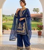 Royal blue silk blend embroidered farshi salwar set