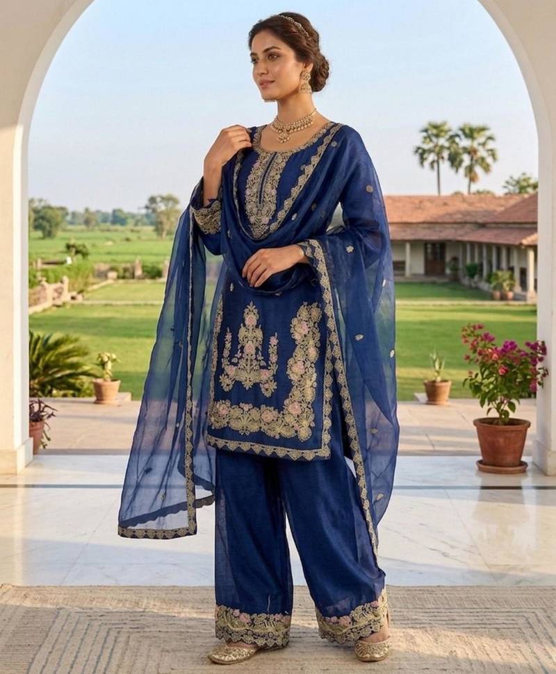 Royal blue silk blend embroidered farshi salwar set