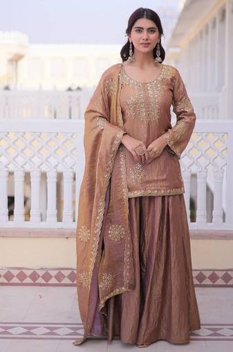 Womens new stylish fendi crush with zari sequins embroidered work kurta set