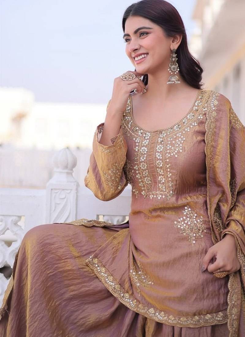 Womens new stylish fendi crush with zari sequins embroidered work kurta set