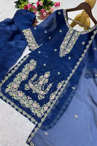 Royal blue silk blend embroidered farshi salwar set