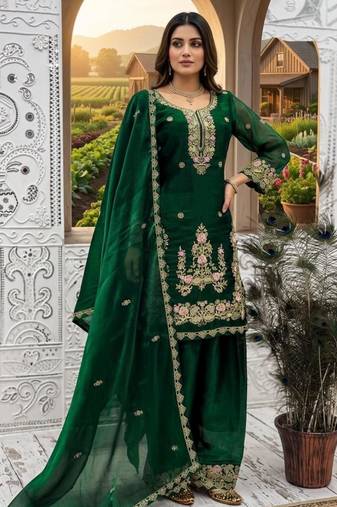 Dark green silk blend embroidered farshi salwar set