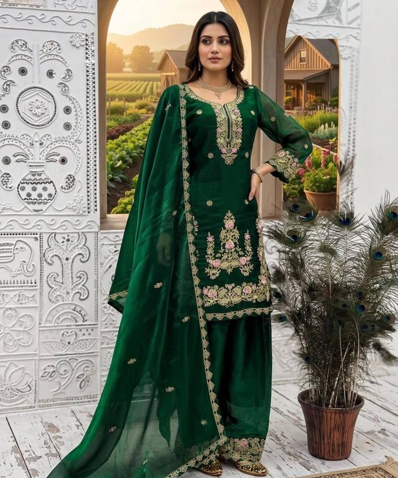 Dark green silk blend embroidered farshi salwar set