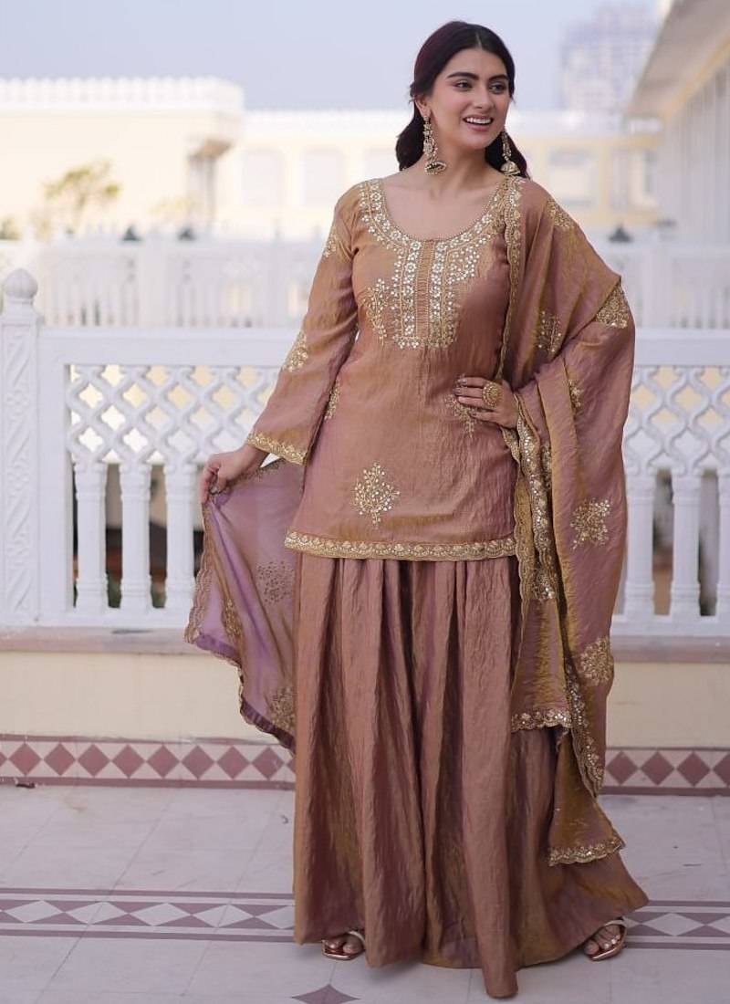 Womens new stylish fendi crush with zari sequins embroidered work kurta set