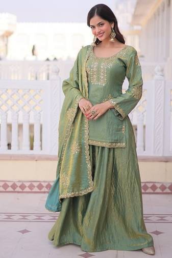 Womens new stylish fendi crush with zari sequins embroidered work kurta set