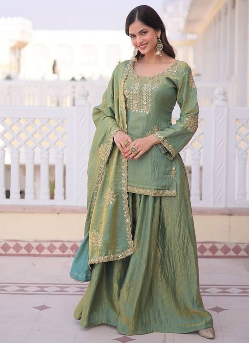 Womens new stylish fendi crush with zari sequins embroidered work kurta set