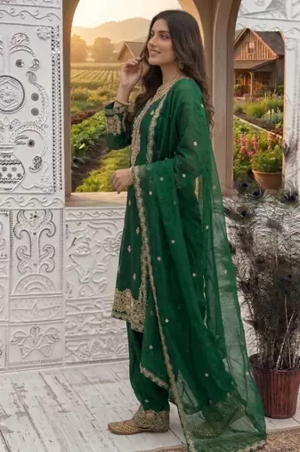 Dark green silk blend embroidered farshi salwar set