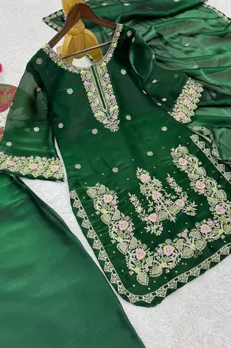 Dark green silk blend embroidered farshi salwar set