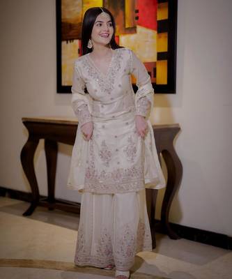 Cream silk blend embroidered palazzo set 2