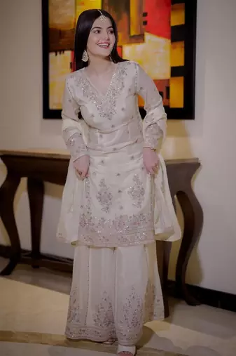 Cream silk blend embroidered palazzo set
