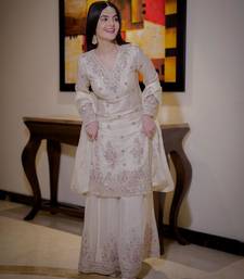 Cream silk blend embroidered palazzo set