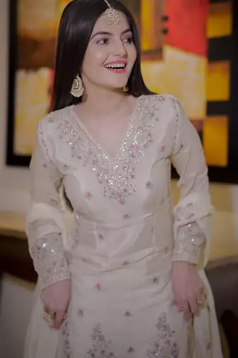 Cream silk blend embroidered palazzo set