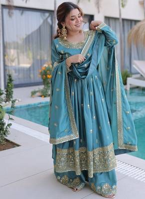 womens bollywood super silk with rich sequins embroidered work kurta set 4