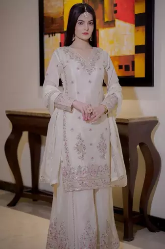 Cream silk blend embroidered palazzo set