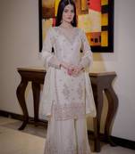 Cream silk blend embroidered palazzo set