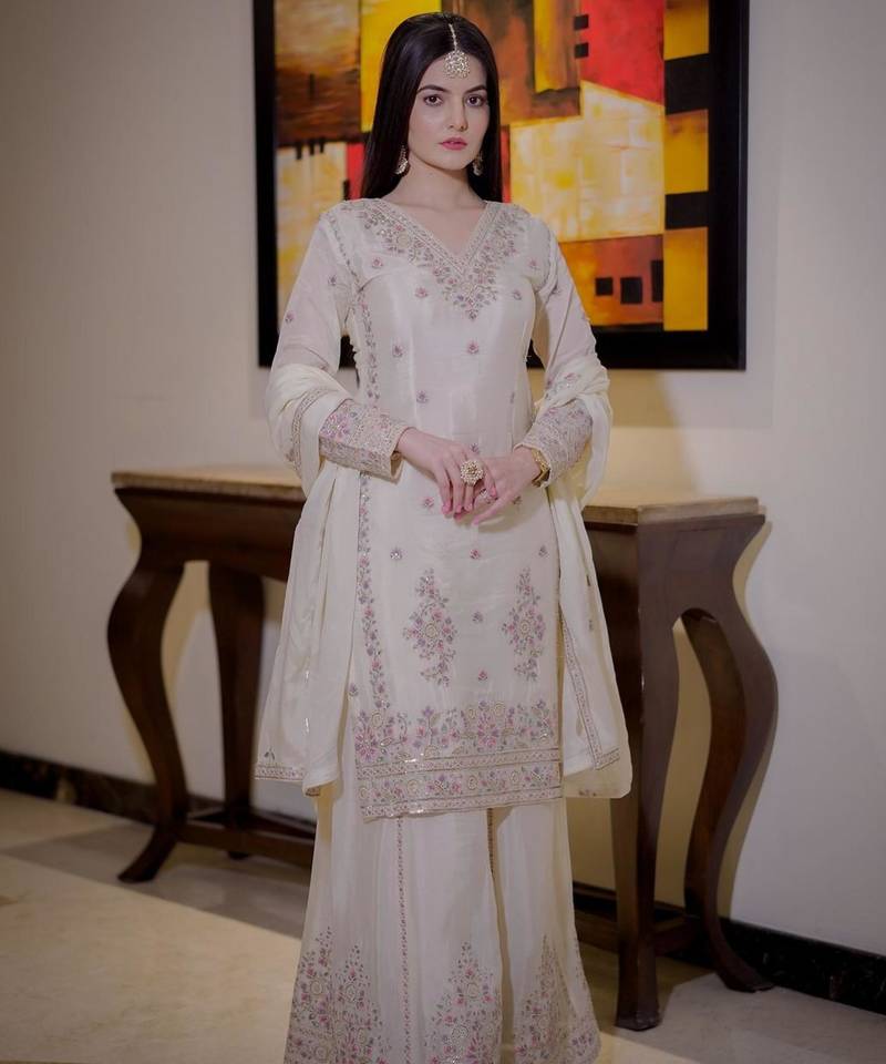 Cream silk blend embroidered palazzo set