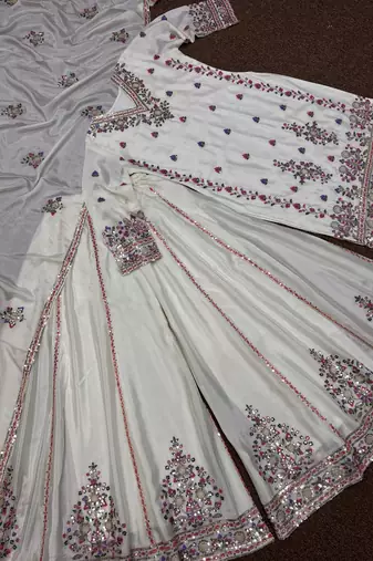 Cream silk blend embroidered palazzo set