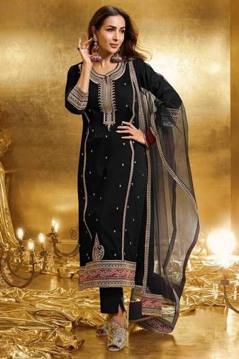 Black faux georgette embroidered trouser set