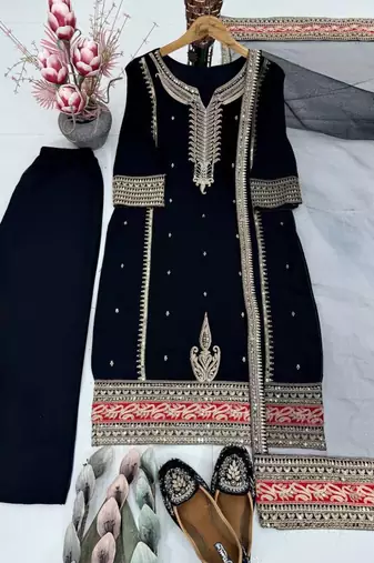 Black faux georgette embroidered trouser set