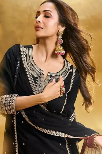 Black faux georgette embroidered trouser set