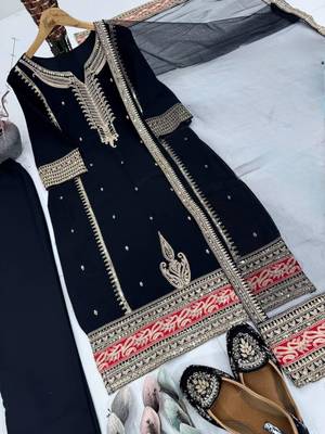 Black faux georgette embroidered trouser set 4