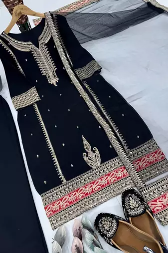 Black faux georgette embroidered trouser set
