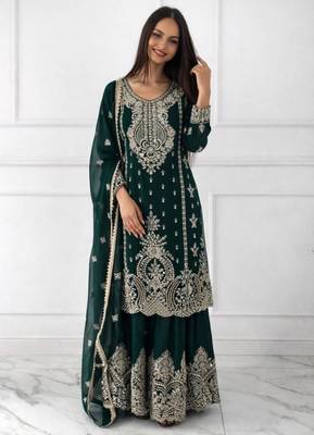 Dark green silk blend embroidered sharara set 1