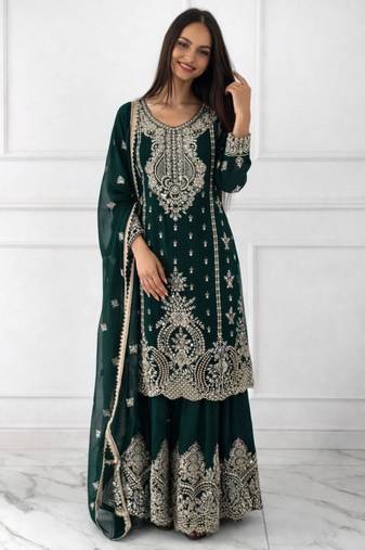 Dark green silk blend embroidered sharara set