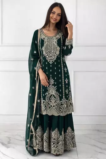 Dark green silk blend embroidered sharara set