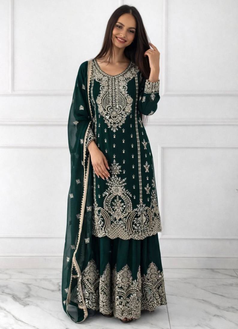 Dark green silk blend embroidered sharara set