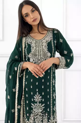 Dark green silk blend embroidered sharara set