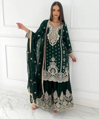 Dark green silk blend embroidered sharara set 3