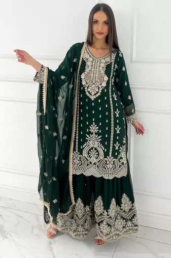 Dark green silk blend embroidered sharara set