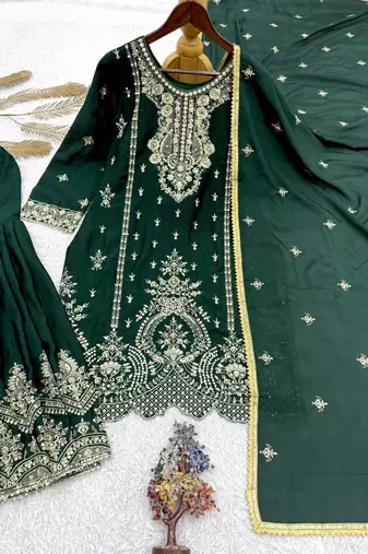 Dark green silk blend embroidered sharara set