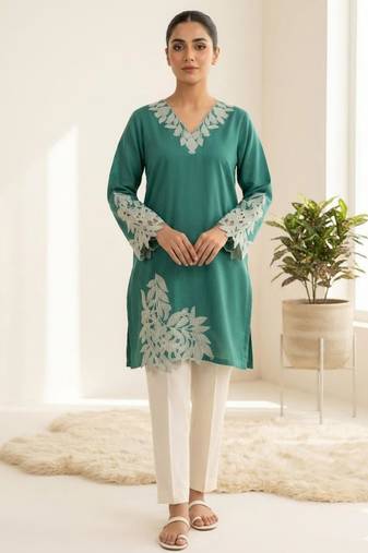 green silk blend embroidered kurta set