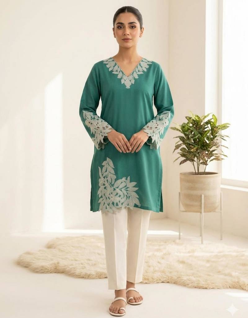 green silk blend embroidered kurta set