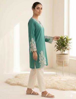 green silk blend embroidered kurta set 2