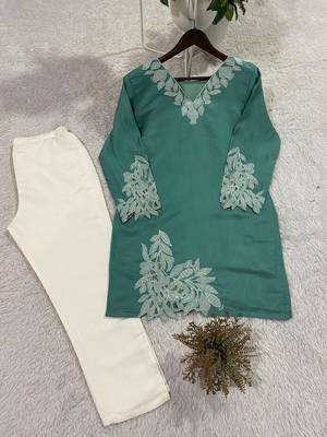 green silk blend embroidered kurta set 3
