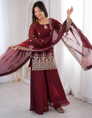 Maroon silk blend embroidered palazzo set 1