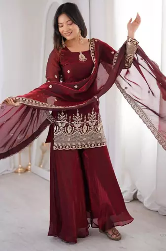 Maroon silk blend embroidered palazzo set