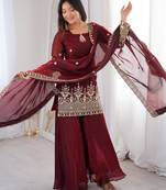 Maroon silk blend embroidered palazzo set