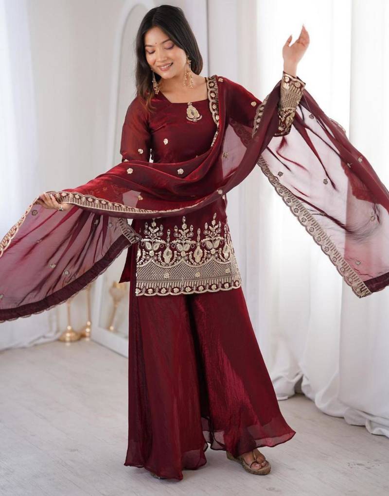 Maroon silk blend embroidered palazzo set