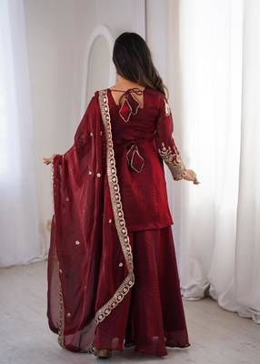 Maroon silk blend embroidered palazzo set 2