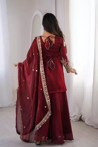 Maroon silk blend embroidered palazzo set