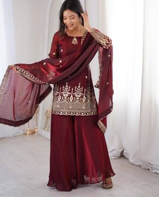 Maroon silk blend embroidered palazzo set 3