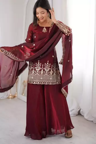 Maroon silk blend embroidered palazzo set